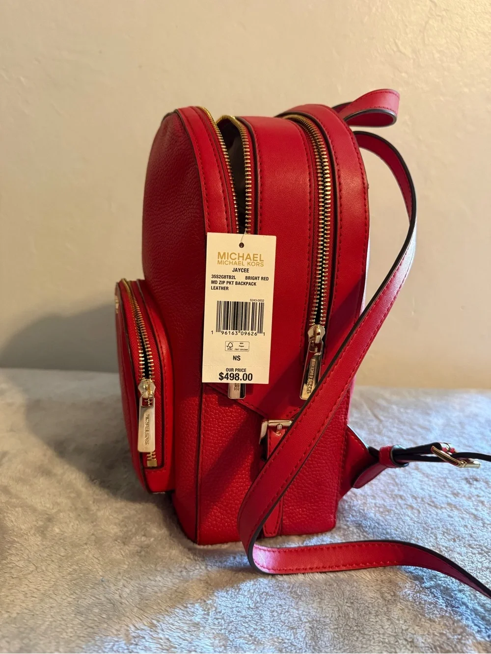Michael Kors Red Pebbled Leather Mini Backpack with Front Zip Pocket